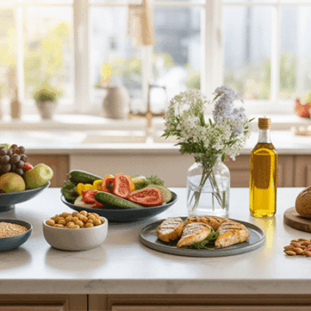 A kitchen counter with various bowls of fruit, vegetables, nuts and olive oil as part of the Mediterranean Diet.
